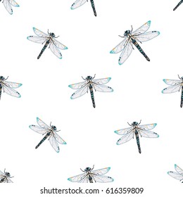 Embroidery beautiful dragonfly. Fashion patch with insects illustration. Seamless pattern backdrop. Trendy traditional art on white background.