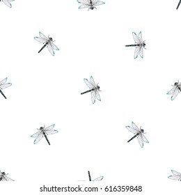 Embroidery beautiful dragonfly. Fashion patch with insects illustration. Seamless pattern backdrop. Trendy traditional art on white background.
