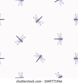 Embroidery beautiful dragonfly insect patch. Fashion patches with summer wild nature illustration insects embroideries. Seamless pattern backdrop. Trendy art with dragonflies on white background.