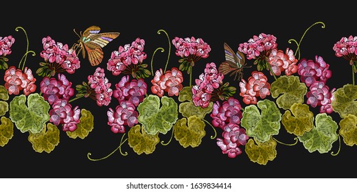 Embroidery, beautiful flowers of red geranium and tropical butterfly. Horizontal seamless pattern. Summer art. Clothes template, t-shirt design
