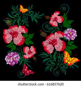 Embroidery of beautiful red hibiscus, purple peonies and very beautiful butterflies. Vector illustration
