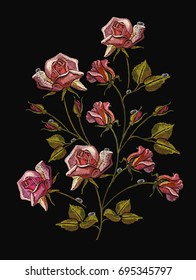 Embroidery beautiful roses, classical embroidery rose flowers with dew drops on black background. Fashion template for clothes, textile t-shirt design 