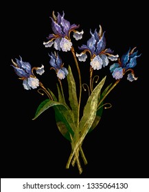 Embroidery Beautiful Spring Irises. Fashion Art Nouveau Template For Clothes, T-shirt Design. Renaissance Art 