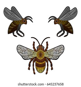 Embroidery bee collection, insect stitch. Fashion patches for textile design. Vector embroidered ornament on white background, ethnic animal pattern.