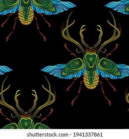 Embroidery beetle deer seamless pattern. Jungle art. Summer tropical template for clothes, textiles, t-shirt design