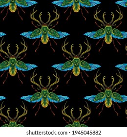 Embroidery beetle deer seamless pattern. Jungle art. Summer tropical template for clothes, textiles, t-shirt design