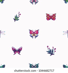 Embroidery berry branch, dragonfly, tropical butterfly patch. Fashion patches with summer wild nature illustration embroideries. Seamless pattern backdrop. Trendy traditional art on white background.