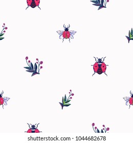 Embroidery berry branches and ladybug insect patch. Fashion patches with summer wild nature illustration embroideries. Seamless pattern backdrop. Trendy art with insects on white background.