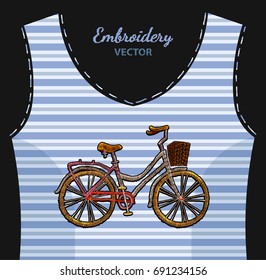 Embroidery bicycle with basket on undershirt in blue strip. Fashionable embroidery bicycle, spring art, template for romantic clothes, t-shirt design art 