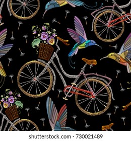 Embroidery bicycle violets flowers and humming birds seamless pattern. Fashionable summer pattern embroidery bicycle humming bird and violets romantic art, template clothes 