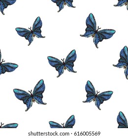 Embroidery big blue butterfly. Fashion patch with insects illustration. Seamless pattern backdrop. Trendy traditional art on white background.