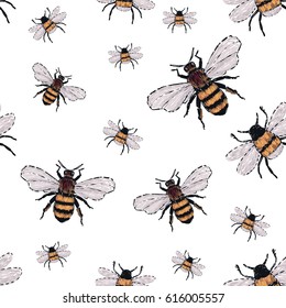 Embroidery big honey bee and small funny bee. Fashion patch with insects illustration. Seamless pattern backdrop. Trendy traditional art on white background.