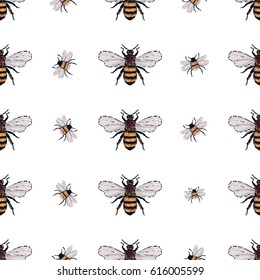 Embroidery big honey bee and small funny bee. Fashion patch with insects illustration. Seamless pattern backdrop. Trendy traditional art on white background.