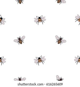 Embroidery big honey bee and small funny bee. Fashion patch with insects illustration. Seamless pattern backdrop. Trendy traditional art on white background.