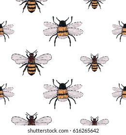Embroidery big honey bee and small funny bee. Fashion patch with insects illustration. Seamless pattern backdrop. Trendy traditional art on white background.