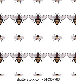 Embroidery big honey bee and small funny bee. Fashion patch with insects illustration. Seamless pattern backdrop. Trendy traditional art on white background.