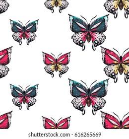 Embroidery big tropical butterflies. Fashion patch with insects illustration. Seamless pattern backdrop. Trendy traditional art on white background.