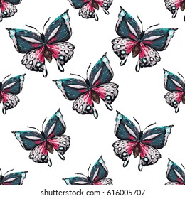 Embroidery big tropical butterfly. Fashion patch with insects illustration. Seamless pattern backdrop. Trendy traditional art on white background.