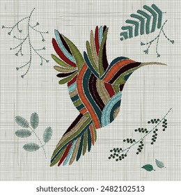 Embroidery bird and leaf. Vector Embroidery home decor, ornament for textile, fashion, fabric pattern.