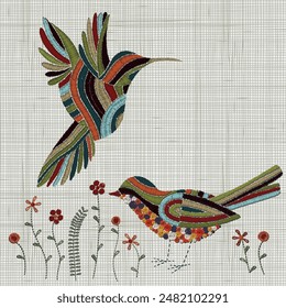 Embroidery bird and little flowers. Vector Embroidery home decor, ornament for textile, fashion, fabric pattern.