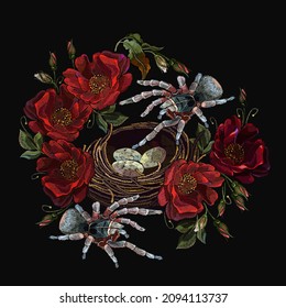 Embroidery bird nest, roses and tarantula spiders. Fashion clothes template and t-shirt design. Dark gothic halloween style. Medieval fairy tale art 