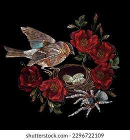 Embroidery bird and nest, roses and tarantula spiders. Fashion clothes template and t-shirt design. Dark gothic halloween style. Medieval fairy tale art