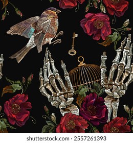 Embroidery. Bird, skeleton hands, red roses, vintage golden keys and birds cage. Romantic gothic background. Template for clothes, textiles, t-shirt design. Seamless pattern