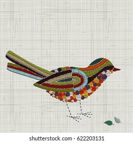 Embroidery bird. Vector Embroidery home decor, ornament for textile,  fashion, fabric pattern. Linen cloth texture.  Colorful traditional folk decoration.