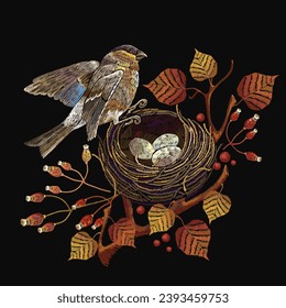 Embroidery. Birds, autumn leaves and nest egg. Wild forest art. Fall nature style. Fashionable template for design of clothes