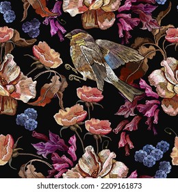 Embroidery. Birds, autumn pink roses, berries and colorful hyacinths flowers. Fashion seamless pattern. Template for design of clothes, tapestry. Garden art