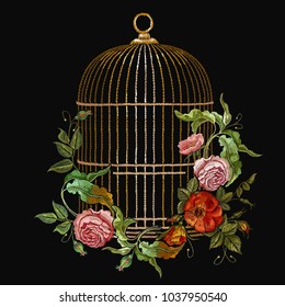 Embroidery birds cage and flowers vector. Classical embroidery golden cage, vintage buds of wild roses. Spring fashion art, template for design of clothes, t-shirt 