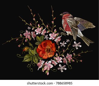 Embroidery birds and cherry flowers vector. Classical embroidery bullfinch and vintage buds of wild roses. Spring fashion art, template for design of clothes, t-shirt art 