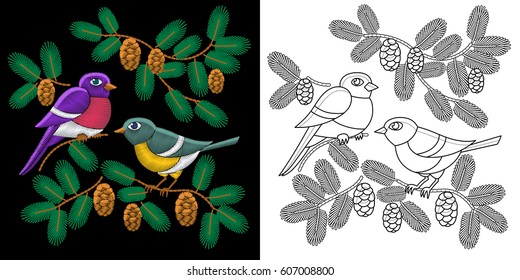 Embroidery birds design. Collection of fancywork elements for patches and stickers. Coloring book page with two sparrows, fir tree branches and pine cones.