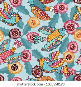 Embroidery birds, flowers and leaves seamless pattern. Imitation of children's drawing.  Fashionable design of clothing patterns.  Endless texture. 