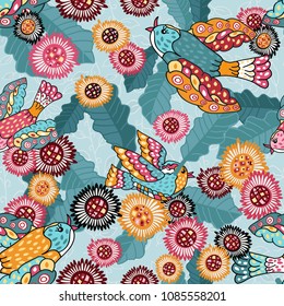 Embroidery birds, flowers and leaves seamless pattern. Imitation of children's drawing.  Fashionable design of clothing patterns.  Endless texture. 