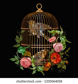 Embroidery birds and gold birds cage and flowers vector. Spring fashion art, template for design of clothes, t-shirt design 