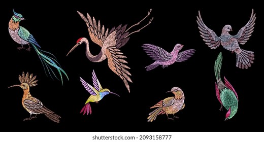 Embroidery birds. Stitch bird patches, embroidered oriental asian elements. Swallow, crane and hummingbird. Flying on wings, nowaday vector set