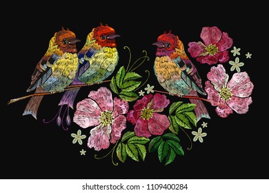 Embroidery birds and wild roses. Template for clothes, textiles, t-shirt design