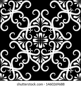Embroidery black and white vintage seamless pattern. Vector ornamental Damask background. Textured floral ethnic ornament with tapestry flowers, leaves, swirls. Paisley flowers. Embroidered texture