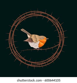 Embroidery Blackthorn branches and robin bird. Vector illustrations vintage design