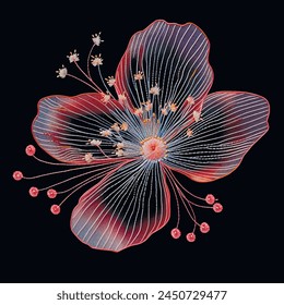 Embroidery blossom pink flower with stamens. Line art embroidered japanese style stitch lines blooming flower on black background. Vector floral textured ornate design. Grunge texture.