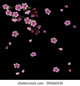 Embroidery blossoming cherry branches on a black background. pink petals fall off. fashion clothing decoration. traditional pattern. vector illustration