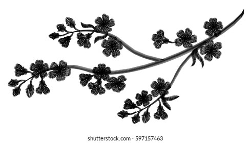 Embroidery blossoming cherry branches on a black background. black petals fall off. fashion clothing decoration. traditional pattern. vector illustration