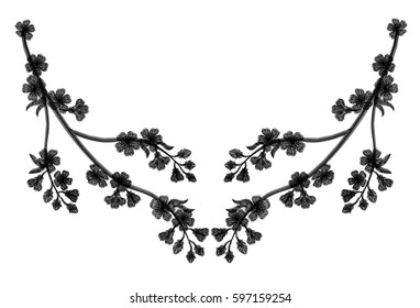 Embroidery blossoming cherry branches on a black background. black petals fall off. fashion clothing decoration. traditional pattern. vector illustration