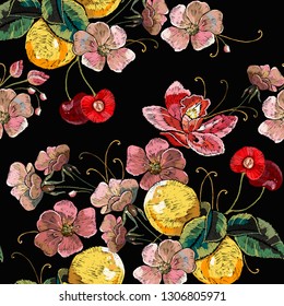 Embroidery blossoming lemons and cherry seamless pattern. Botanical illustration. Fashion template for clothes, textiles and t-shirt design