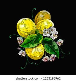 Embroidery blossoming lemons and flowers. Botanical illustration. Fashion template for clothes, textiles and t-shirt design