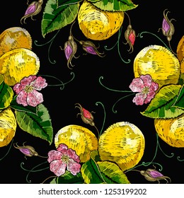 Embroidery blossoming lemons seamless pattern. Botanical illustration. Fashion template for clothes, textiles and t-shirt design