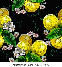 Embroidery blossoming lemons seamless pattern. Botanical illustration. Fashion template for clothes