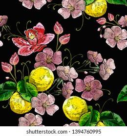 Embroidery blossoming lemons seamless pattern. Botanical illustration. Fashion template for clothes design 