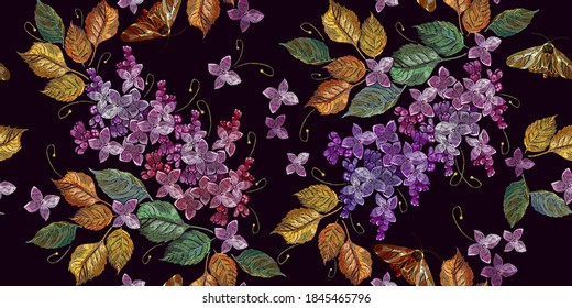 Embroidery blossoming lilac flowers and autumn leaves, horizontal seamless pattern. Fashion template for clothes, textiles, t-shirt design 